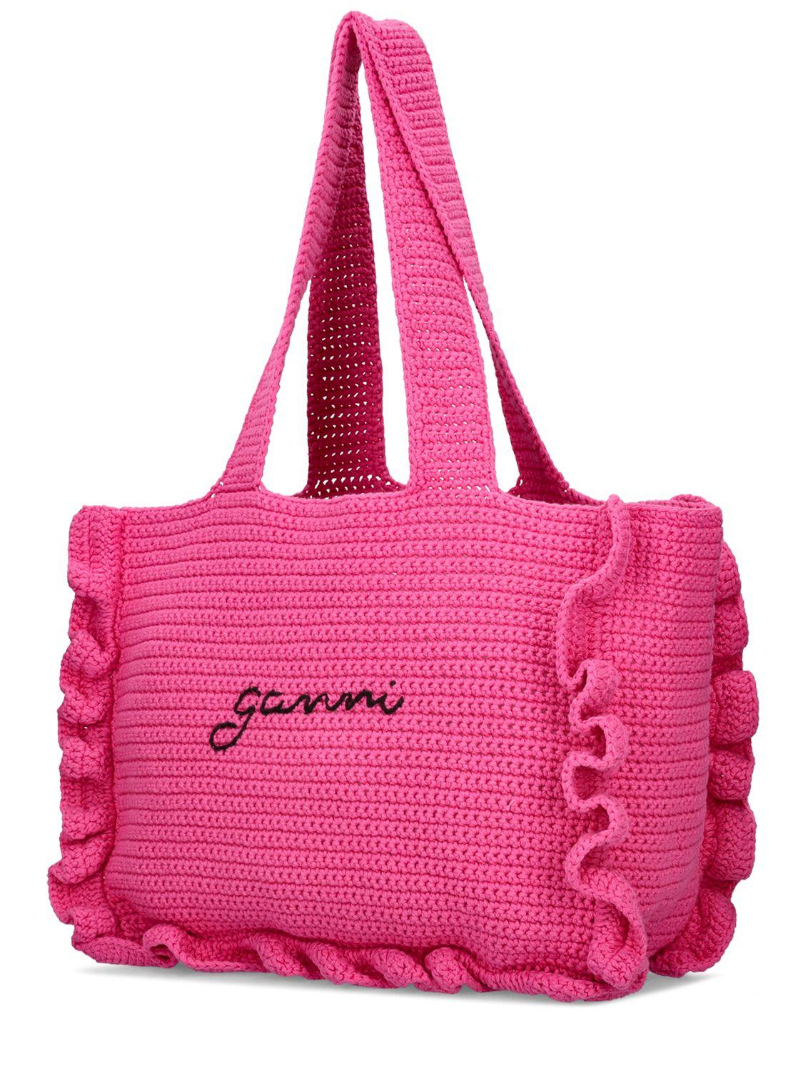 ■Ganni■ Cotton Crochet Frill Tote Bag Shocking Pink A47024 Ganni Cotton Crochet Frill Tote Solid in Shocking Pink | REVOLVE