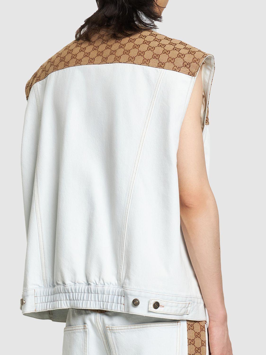 Washed organic denim vest with GG in light blue