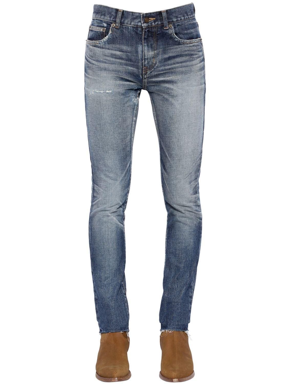 Saint Laurent 15cm Skinny Low Rise Washed Denim Jeans in Blue for Men ...