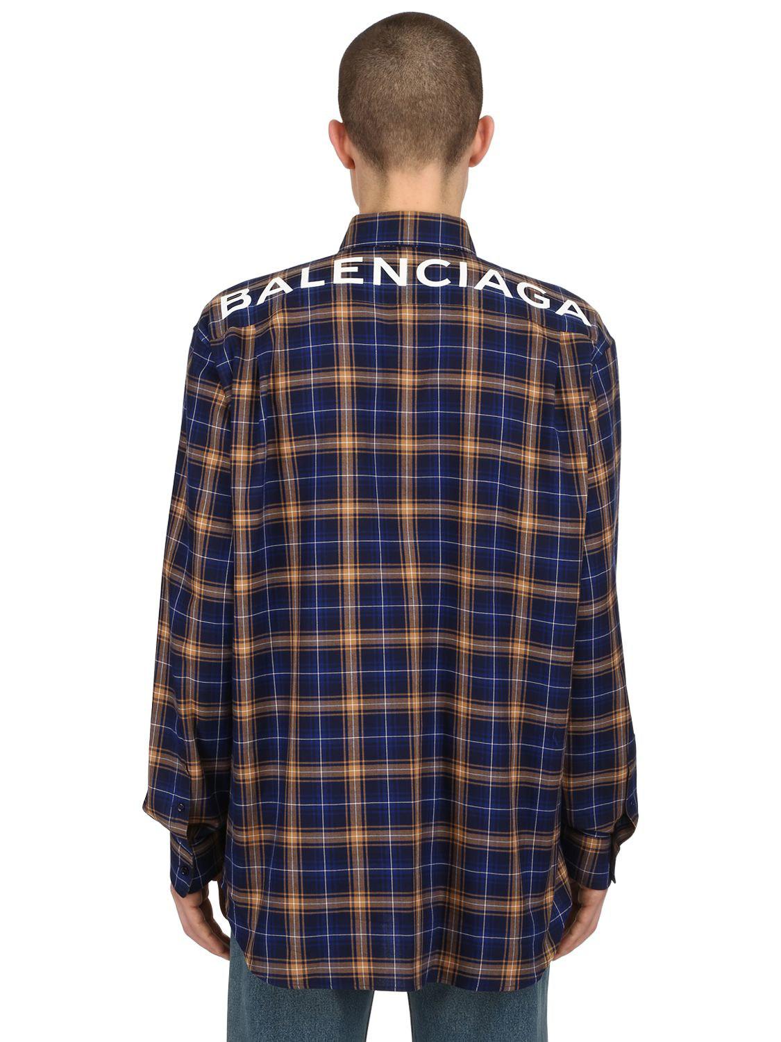 Balenciaga Back Logo Plaid Cotton Flannel Shirt in Blue for Men | Lyst
