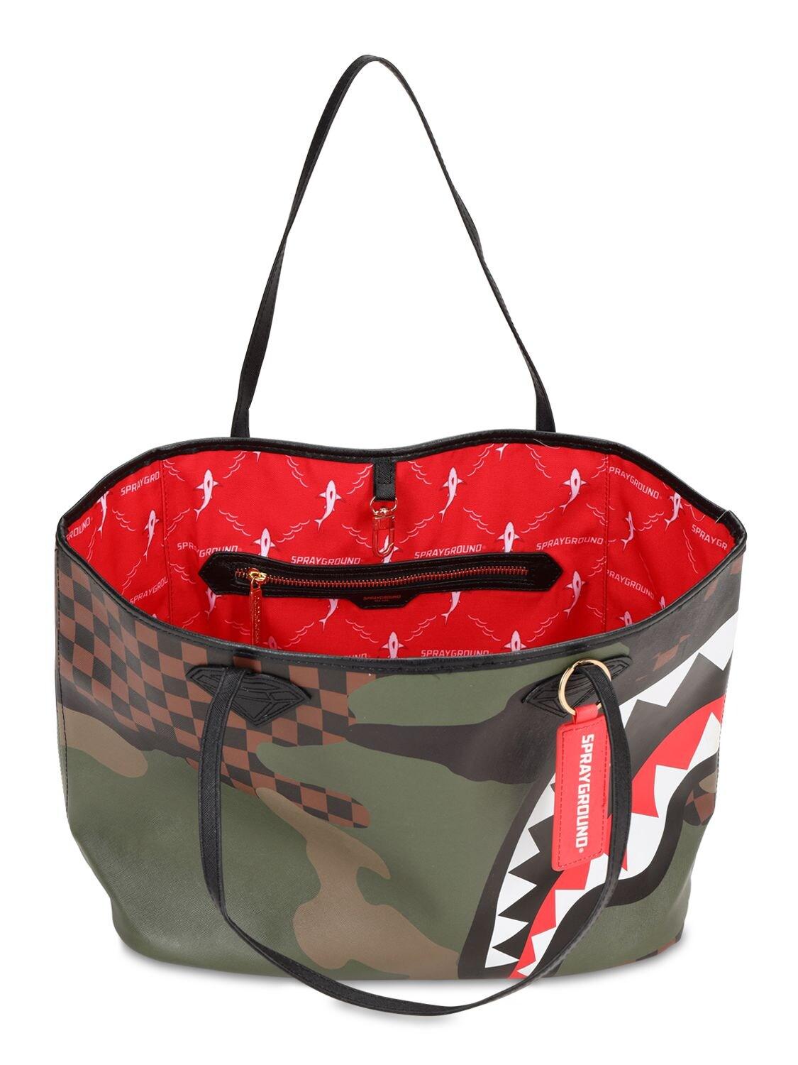 Sprayground Checkered Camo Shark Faux Leather Tote for Men