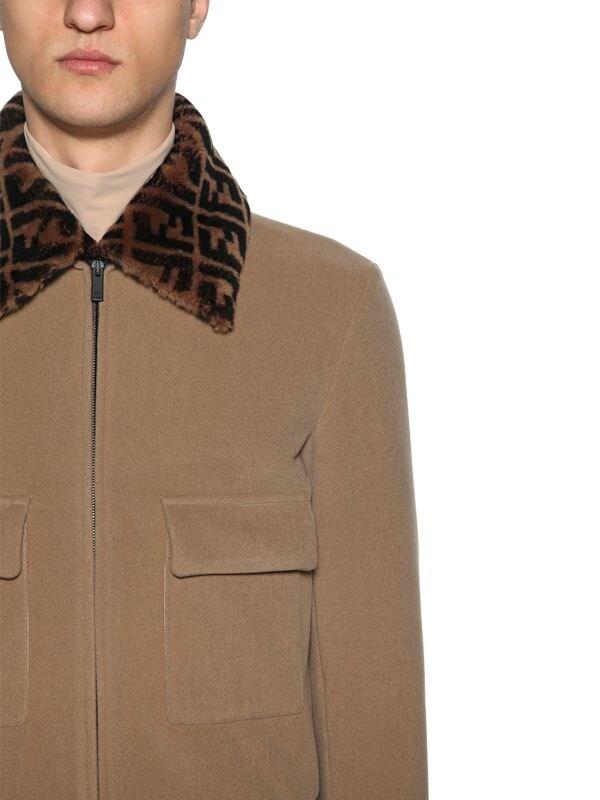 Fendi Wool Bomber Jacket W/logo Fur Collar in Natural for Men | Lyst