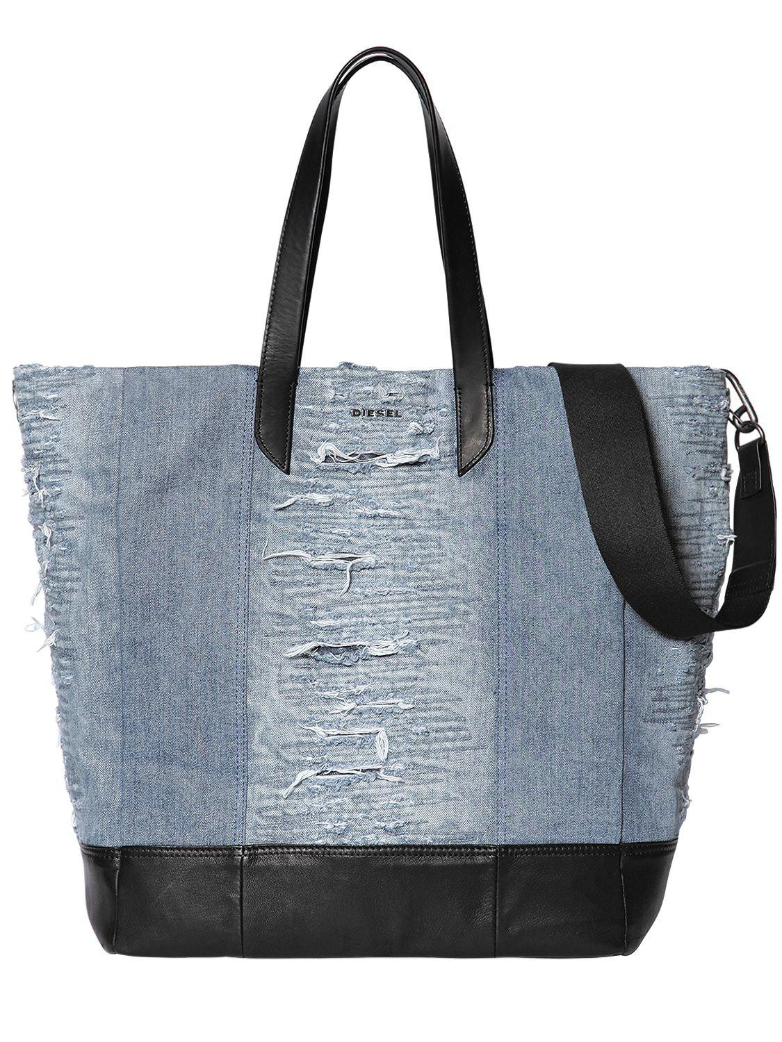 DIESEL Ripped Denim Tote Bag W/ Leather Details in Blue - Lyst