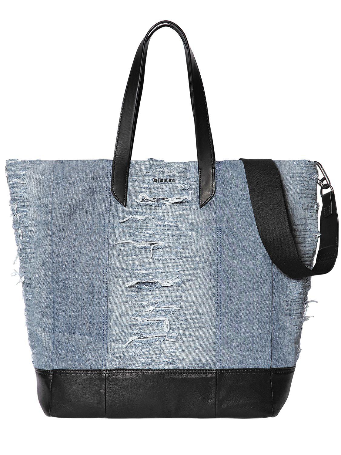 DIESEL Ripped Denim Tote Bag W/ Leather Details in Blue Lyst