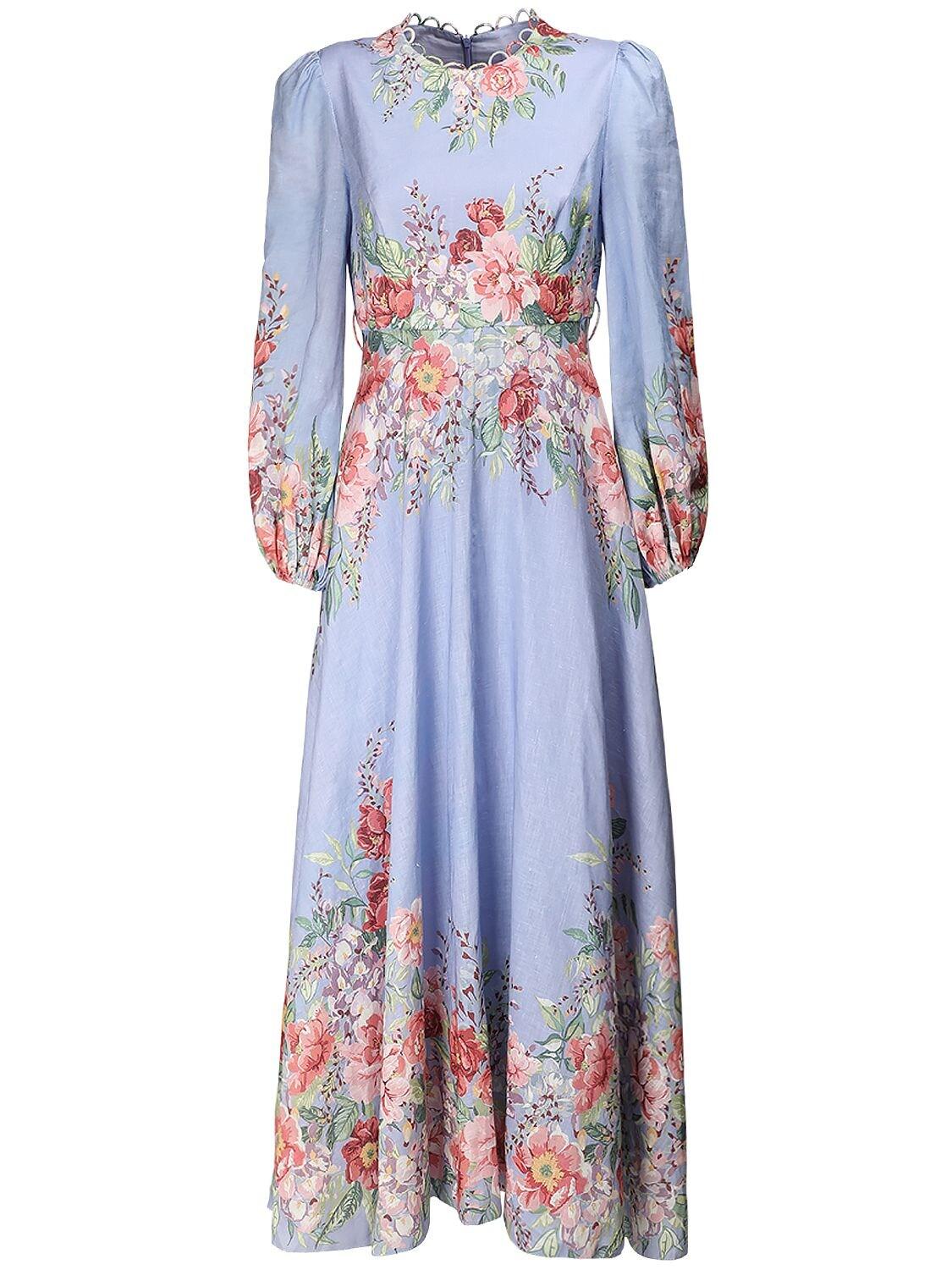Zimmermann Bellitude Floral Print Linen Midi Dress in Blue - Lyst