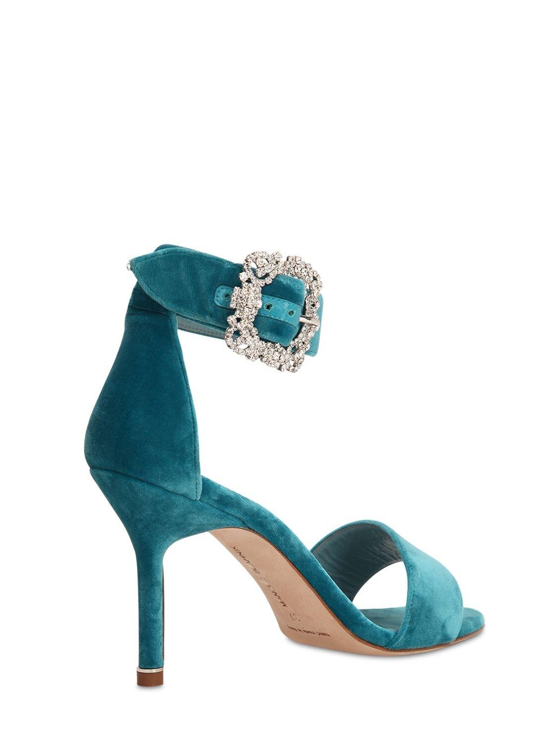 Manolo Blahnik 90mm Sanghal Embellished Velvet Sandals in Light Blue ...