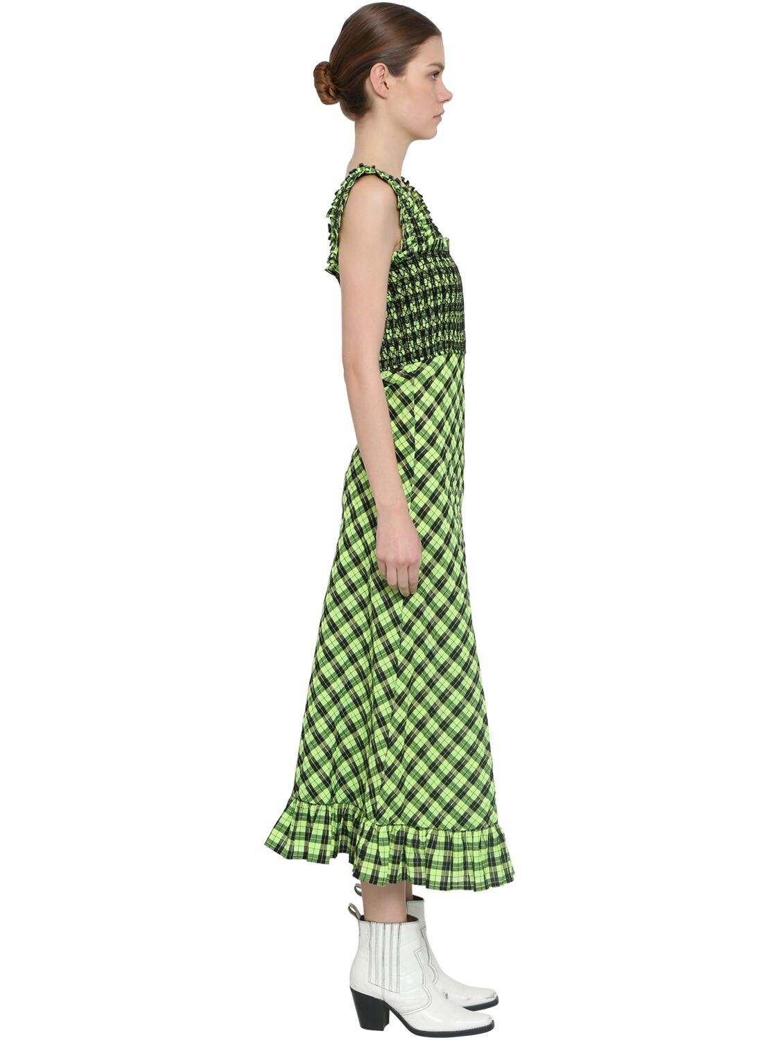 Ganni Checked Seersucker Midi Dress in Green | Lyst