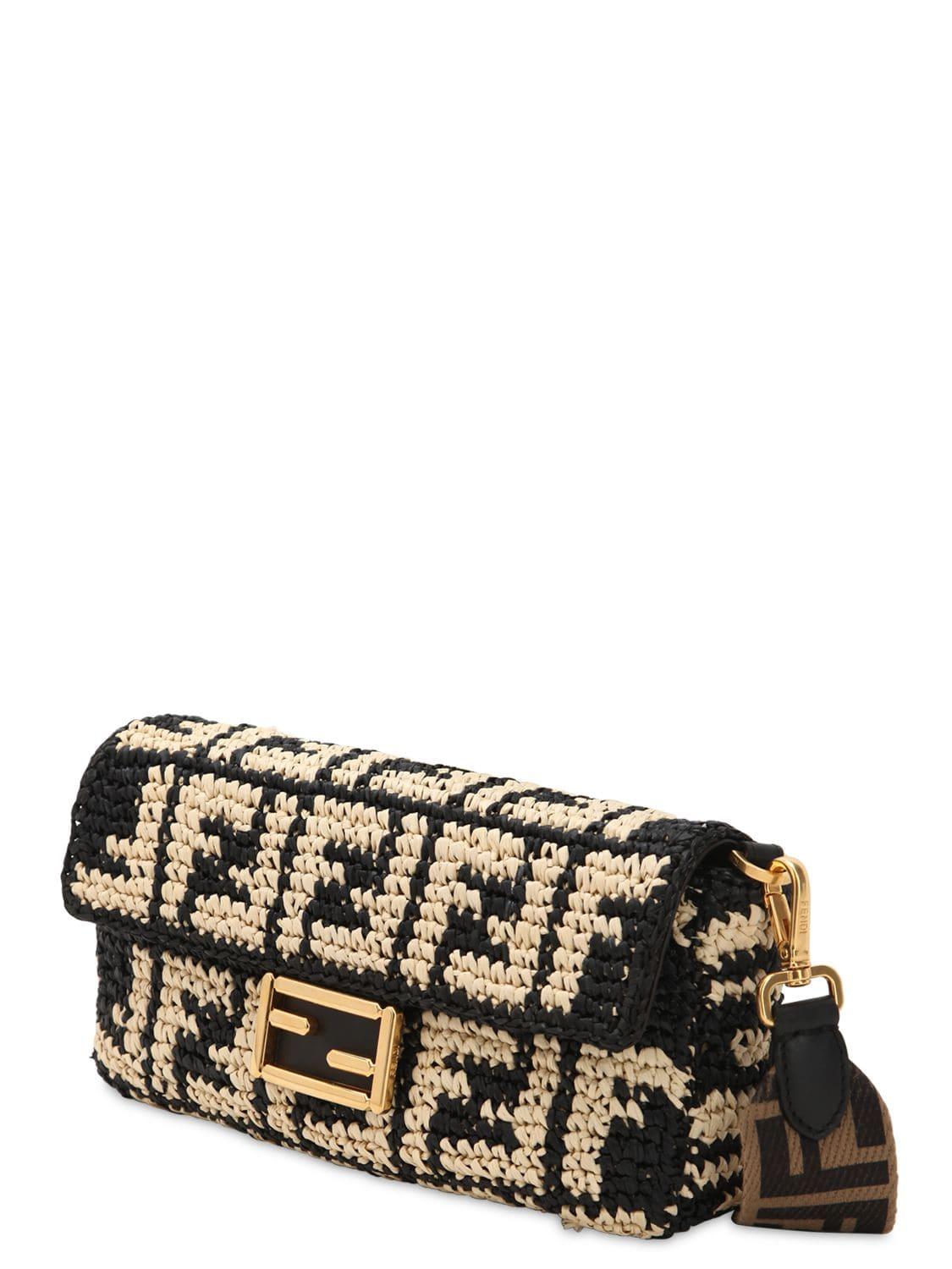 Fendi Logo Embroidered Raffia Baguette Bag in Black | Lyst