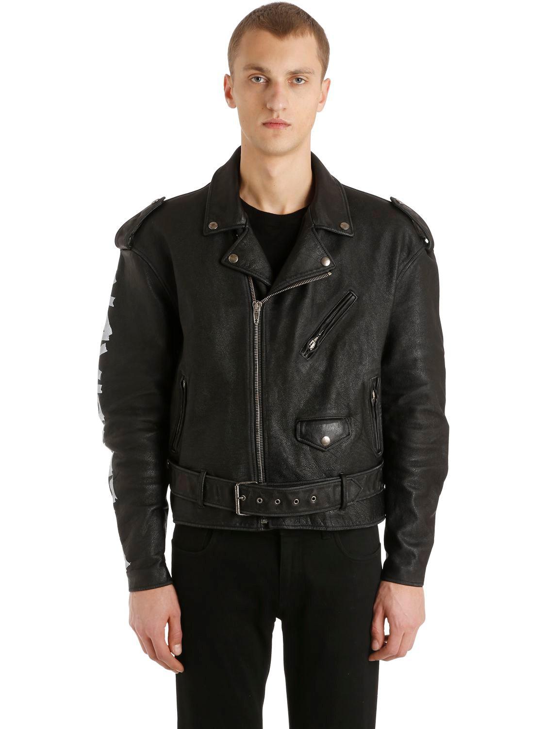 Men S Black Painted Effect Leather Biker Jacket