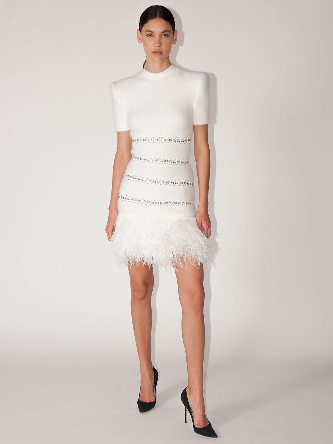 Balmain Angora Dress W/chains & Feathers in White | Lyst Australia