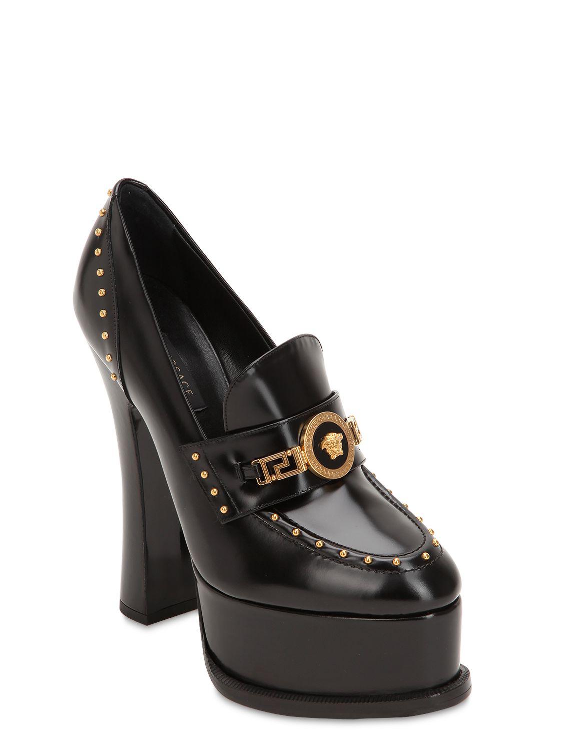Versace Leather Icon Platform Loafer Heels in Black - Lyst