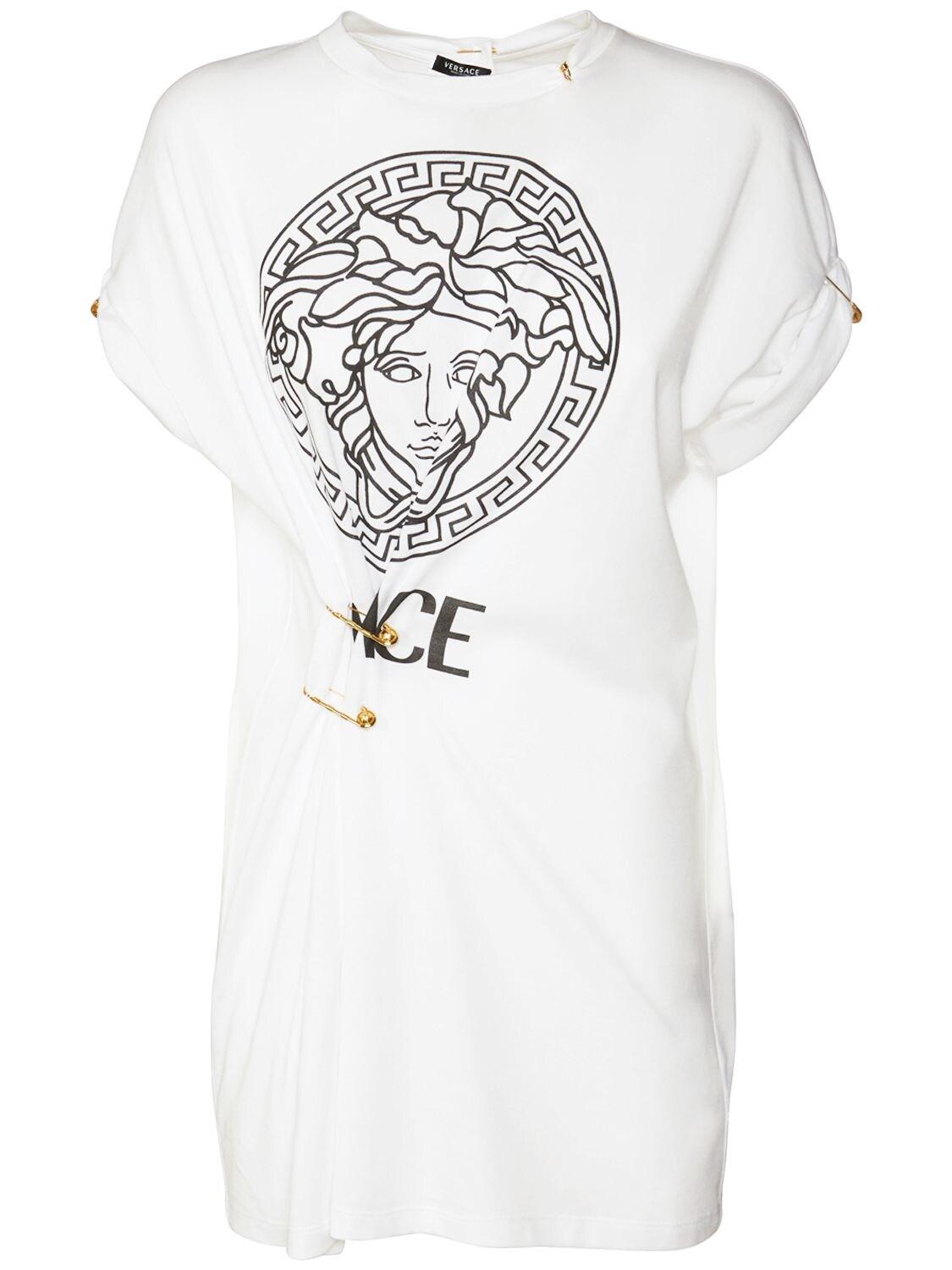 Versace Logo Cotton T-shirt Dress W/ Pins in White | Lyst