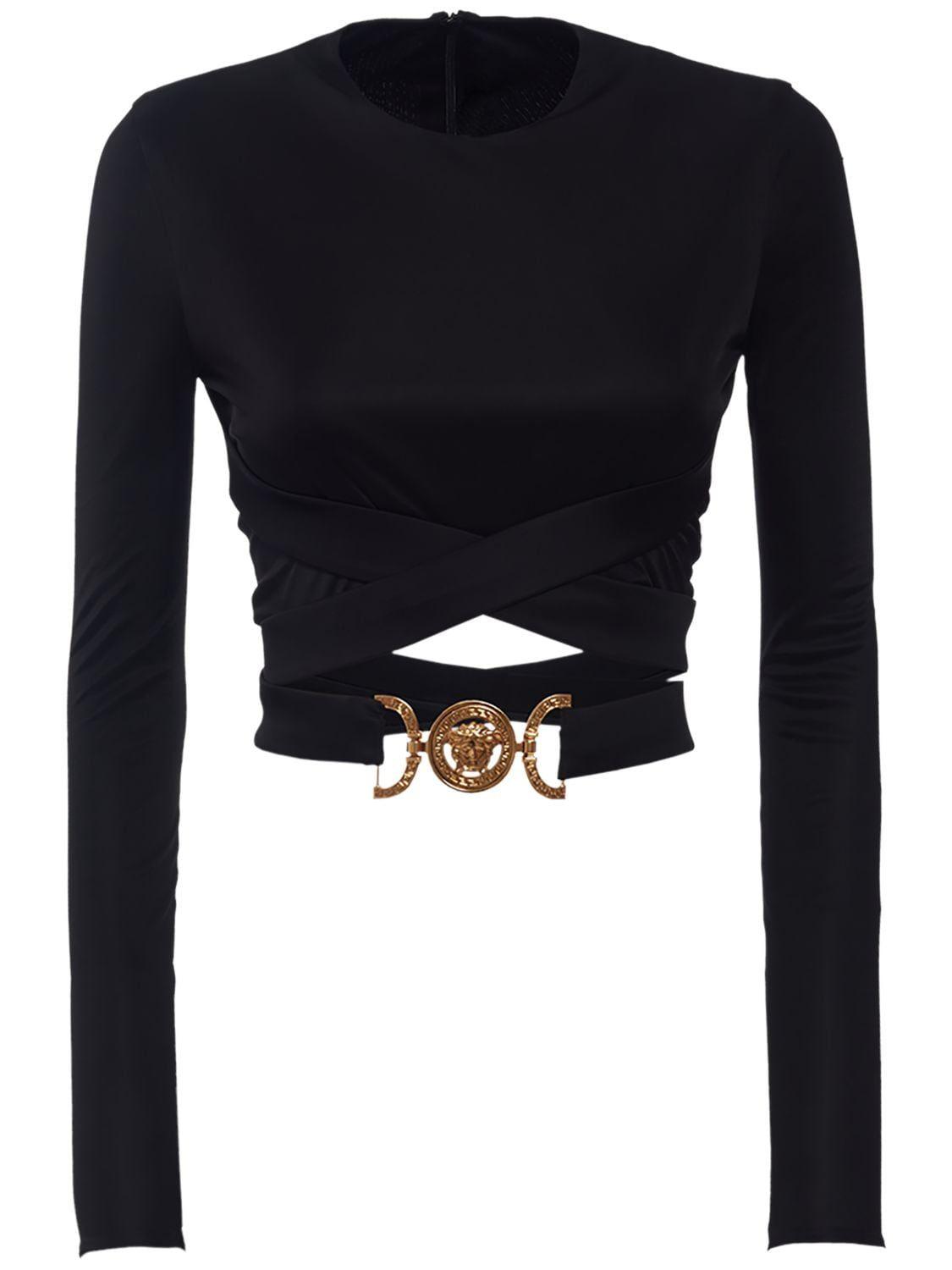 Versace Viscos Jersey Crossed Belt Logo Crop Top in Black | Lyst