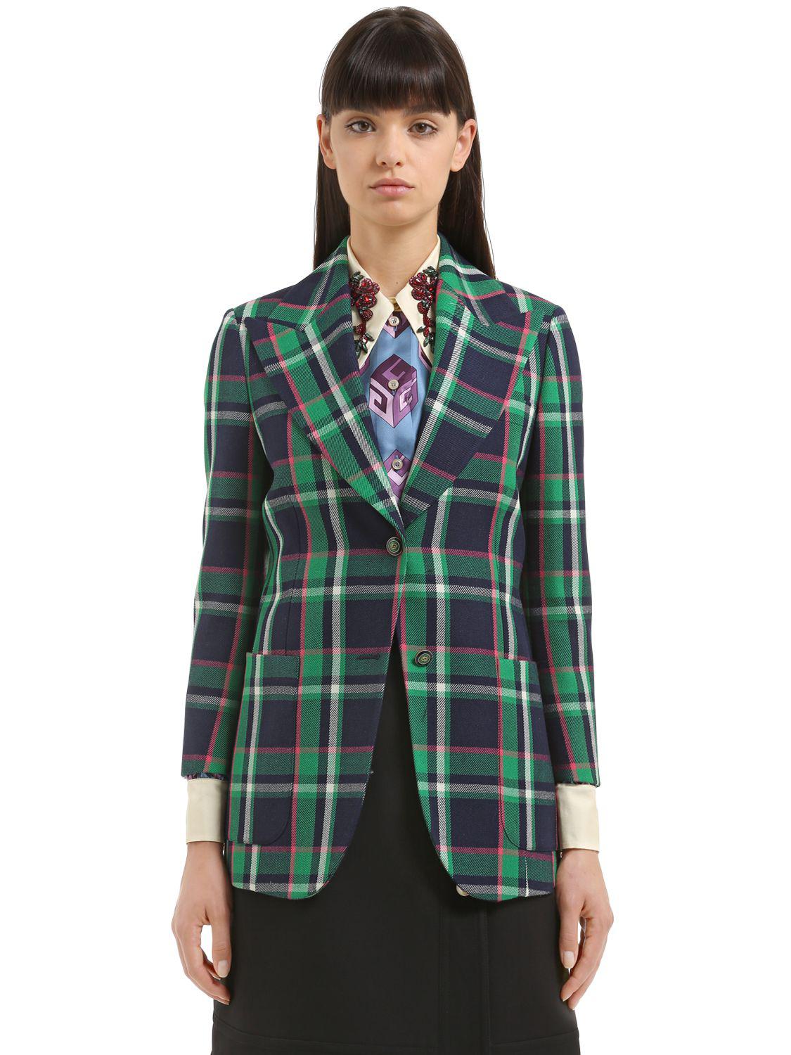 Gucci Tiger Patch Plaid Wool Jacket in 