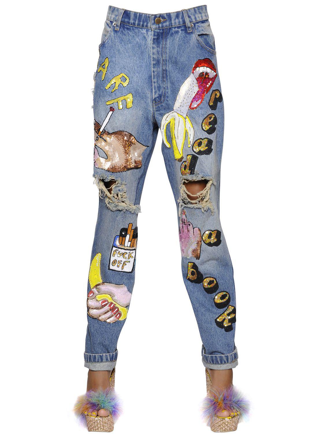 Lyst - Ashish Embellished & Destroyed Denim Jeans in Blue