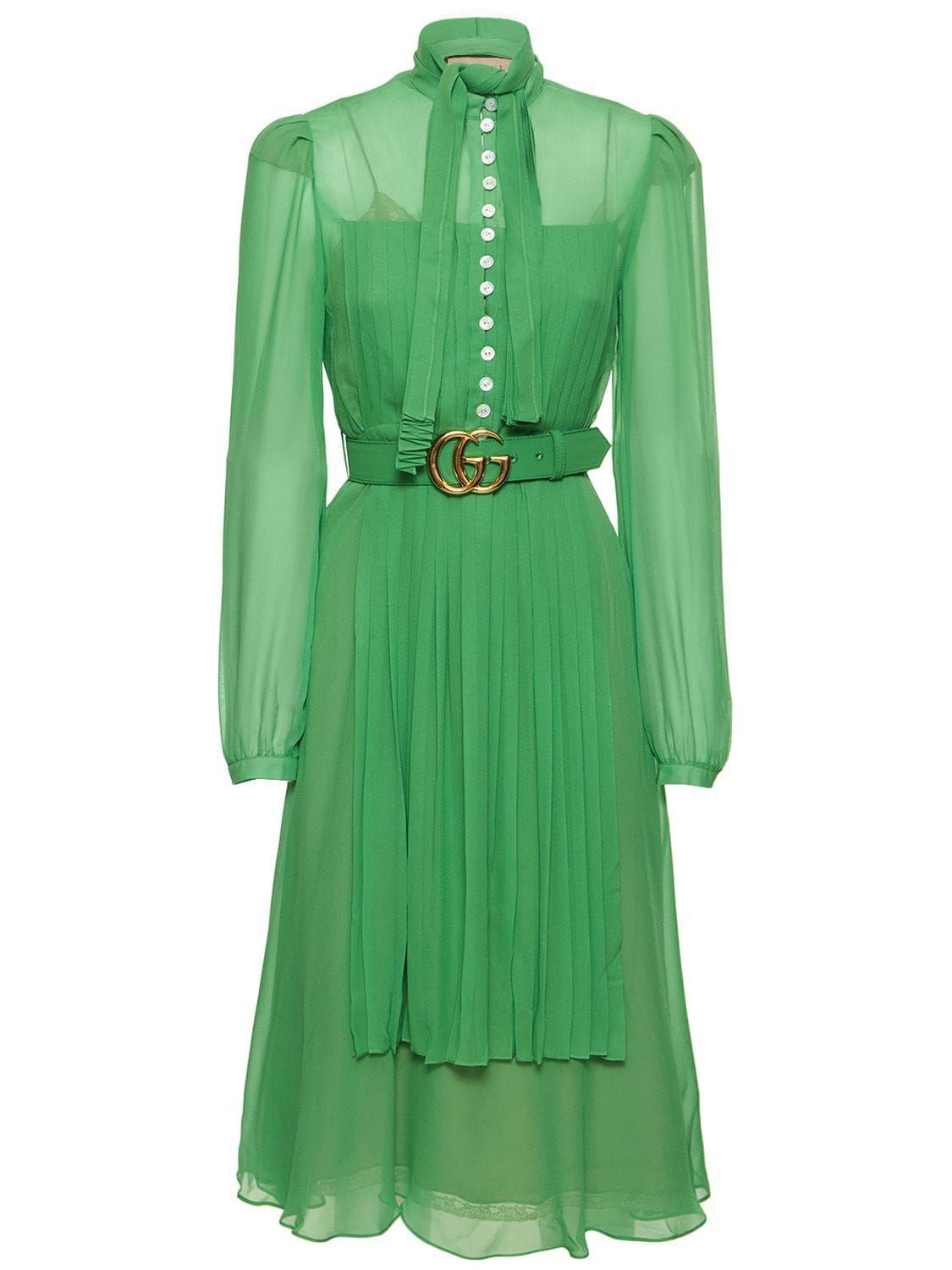 Gucci Silk Georgette Midi Dress in Green | Lyst