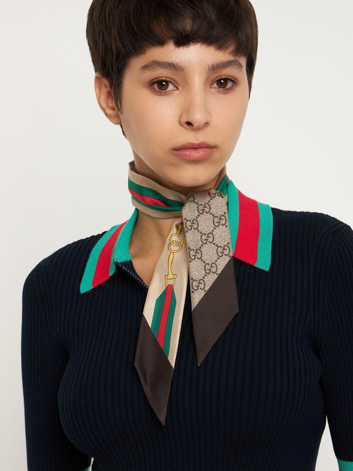 Gucci Interlocking G Web Print Silk Neck Bow in Natural | Lyst