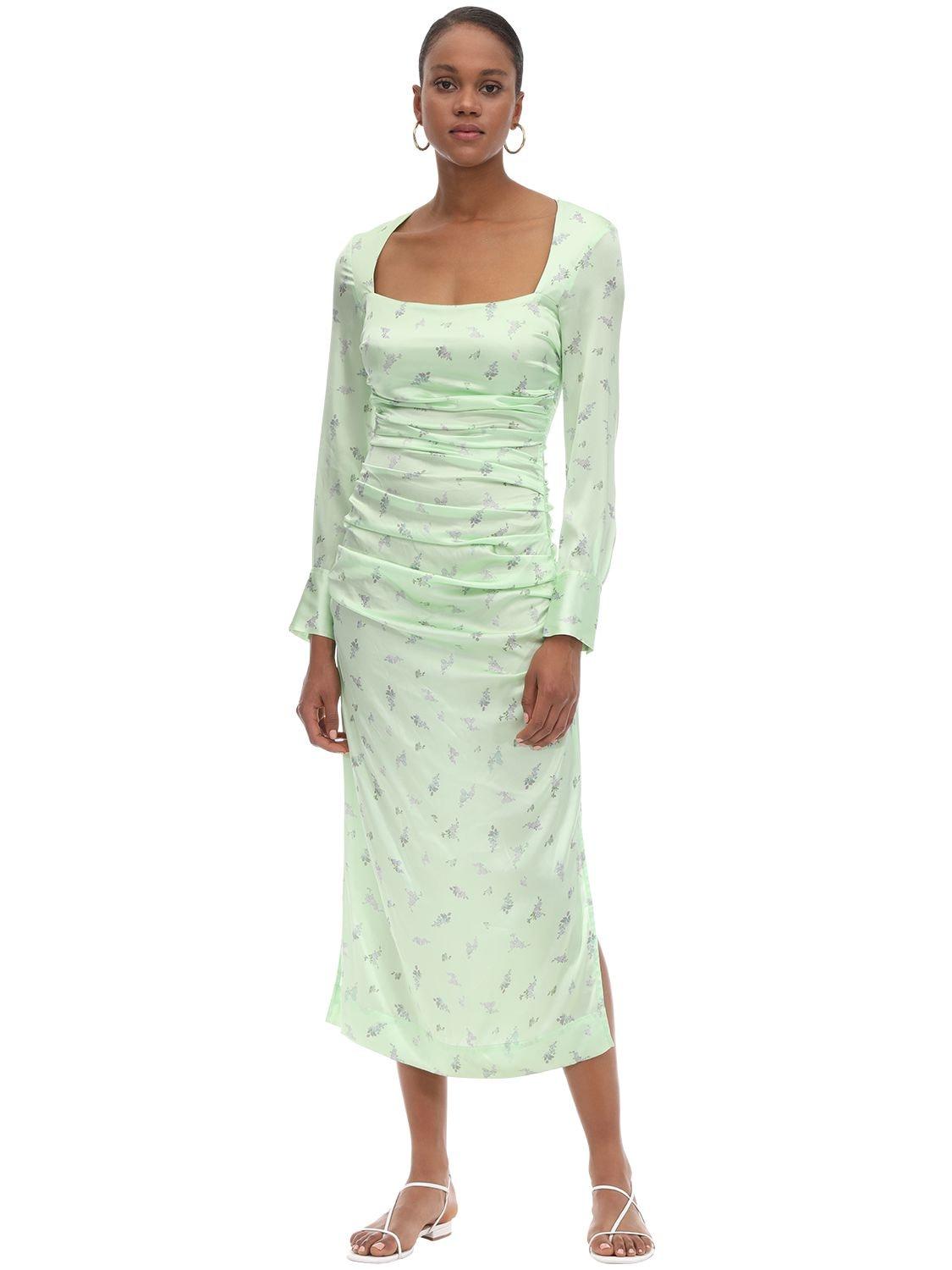Ganni Stretch Silk Satin Midi Dress in Green | Lyst Canada