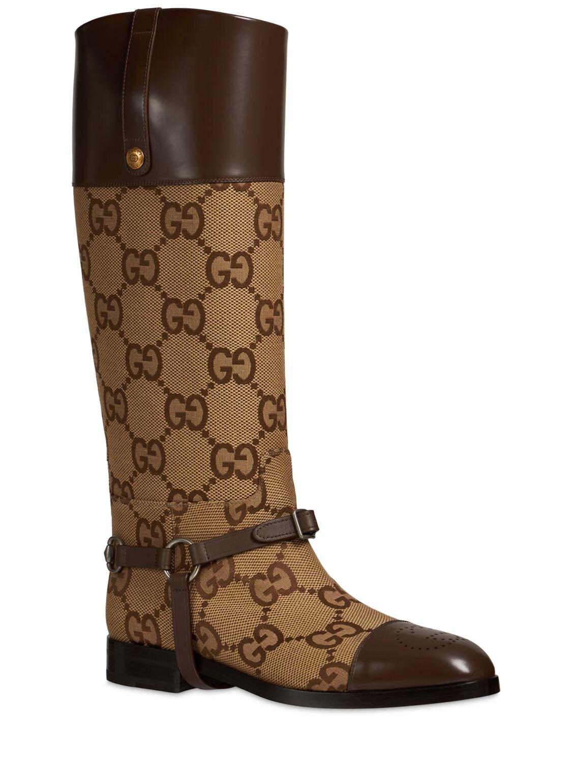 Gucci Gg Canvas & Leather Knee Boots W/harness in Brown for Men | Lyst