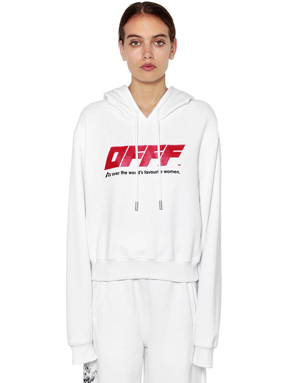 Print Hooded Cotton Crop Sweatshirt 
