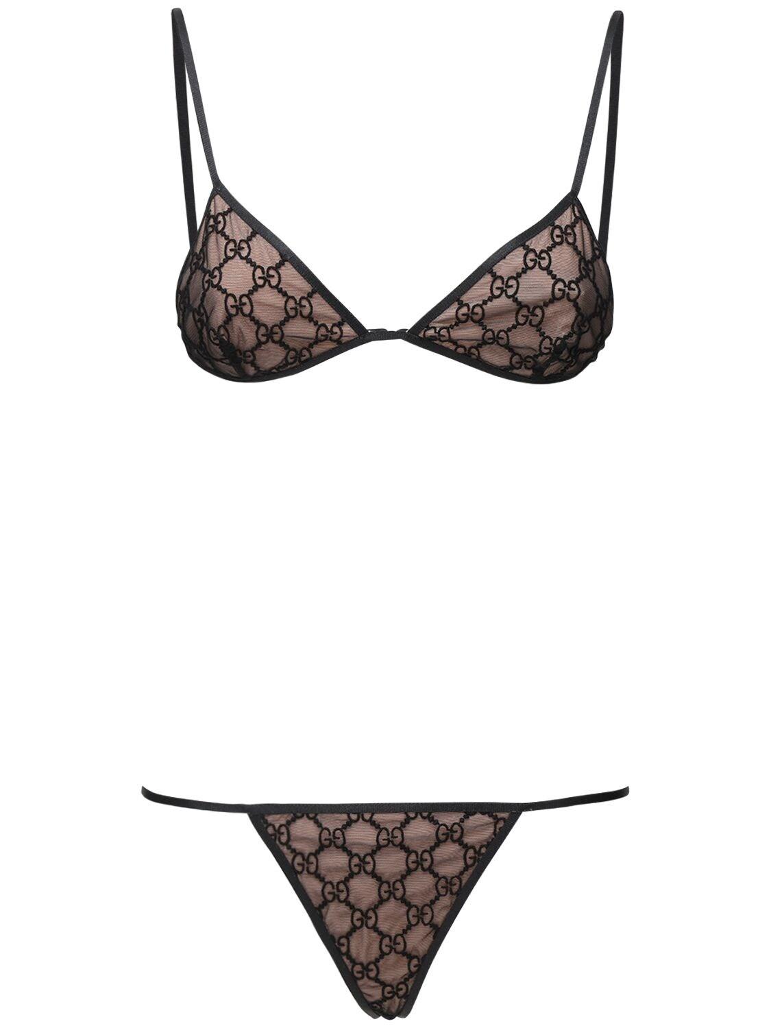 Gucci Gg Embroidered Tulle Bra & Briefs Set in Black | Lyst