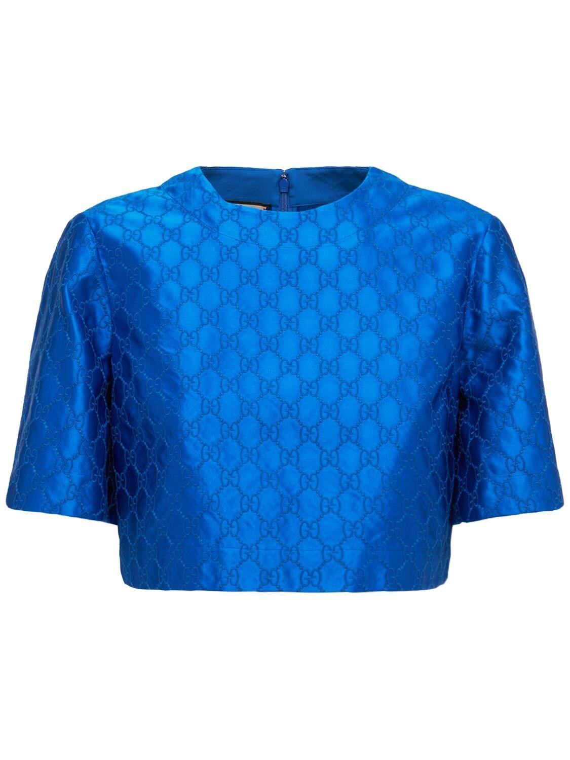 Gucci Embroidered Silk Logo Cropped Top in Blue | Lyst