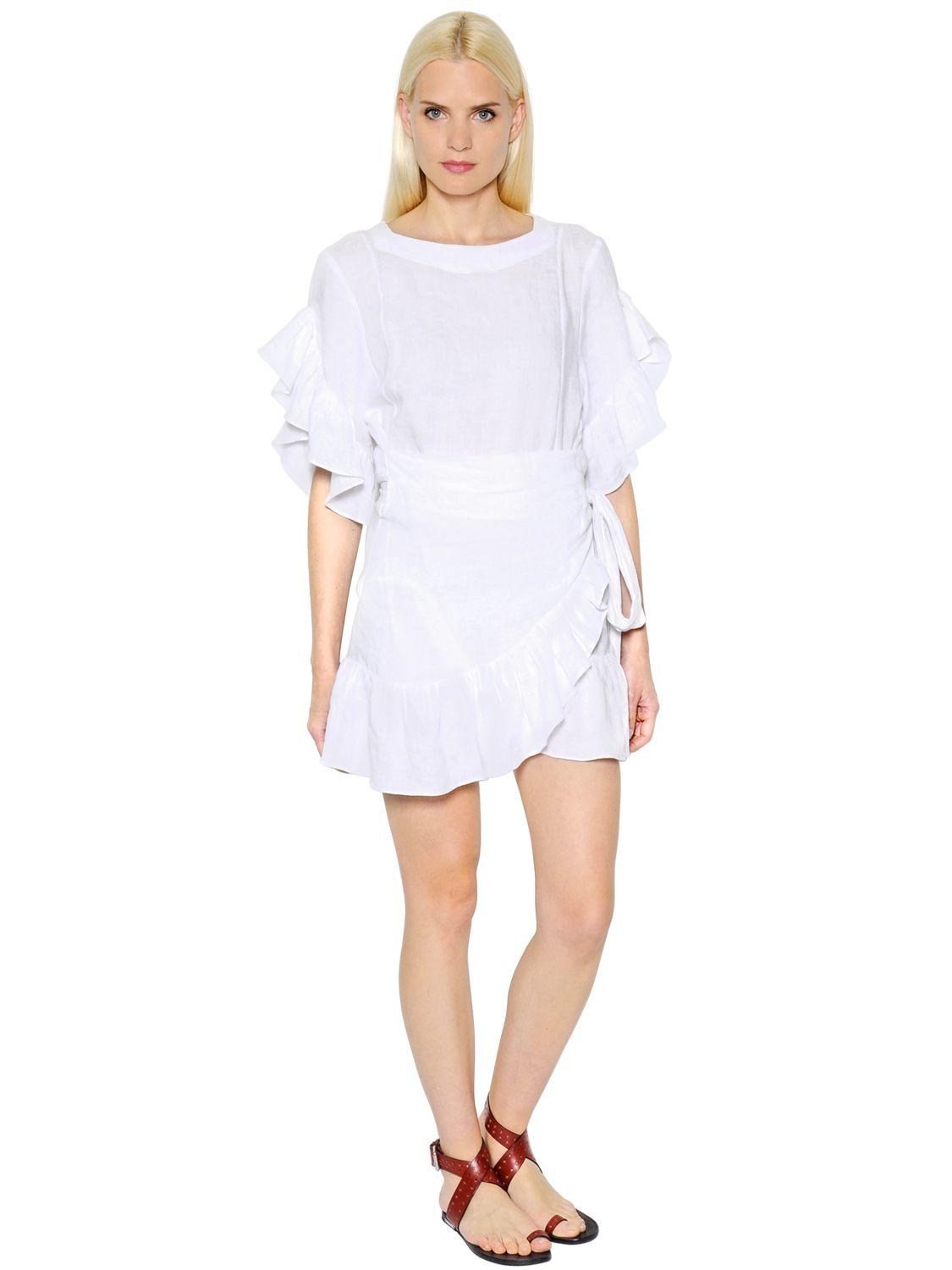 white linen ruffle dress