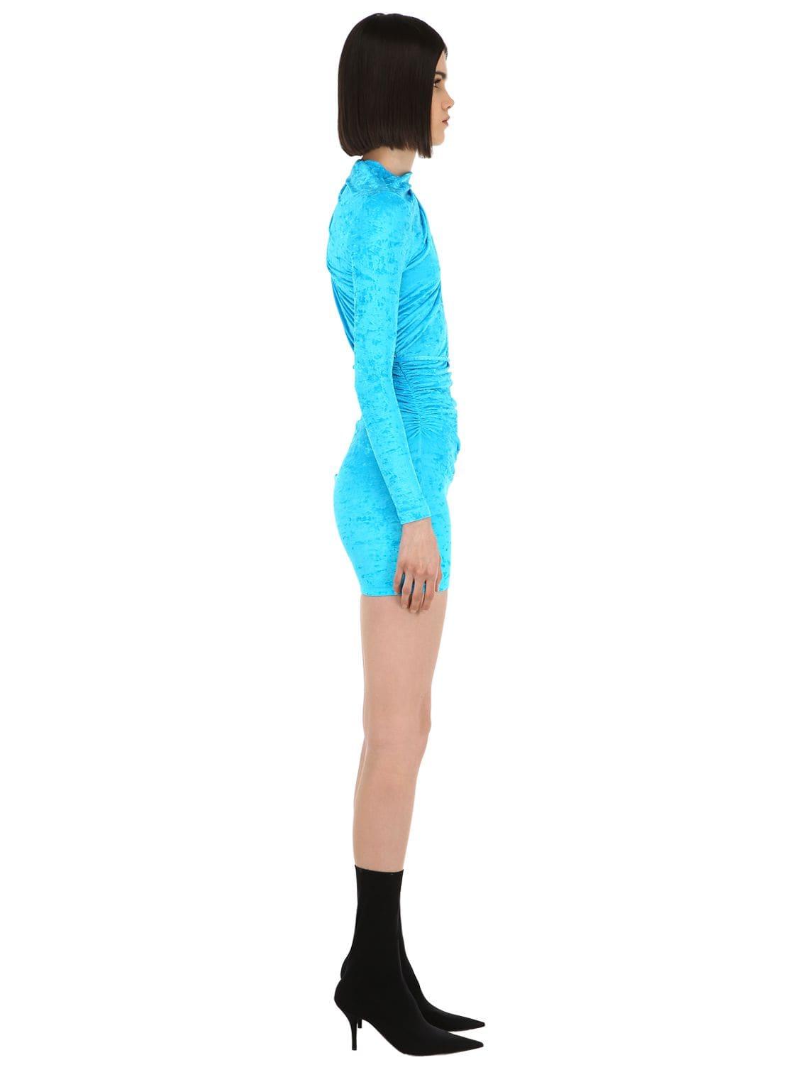 Balenciaga Draped Stretch Velvet Mini Dress in Light Blue (Blue 