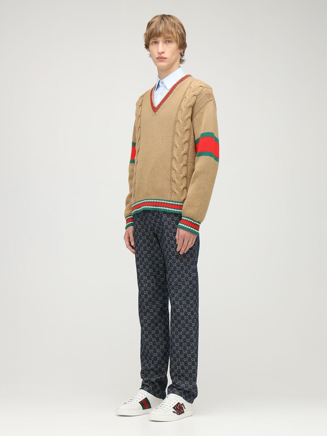 Gucci Cable Knit Wool V-neck Sweater in Natural for Men | Lyst