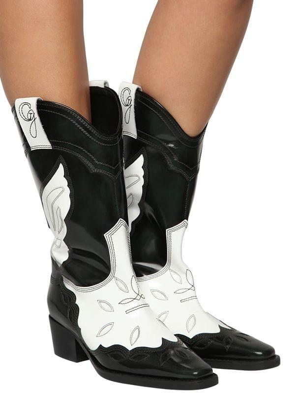 Ganni Texas Boots In Black And White Patent Calfskin | Lyst
