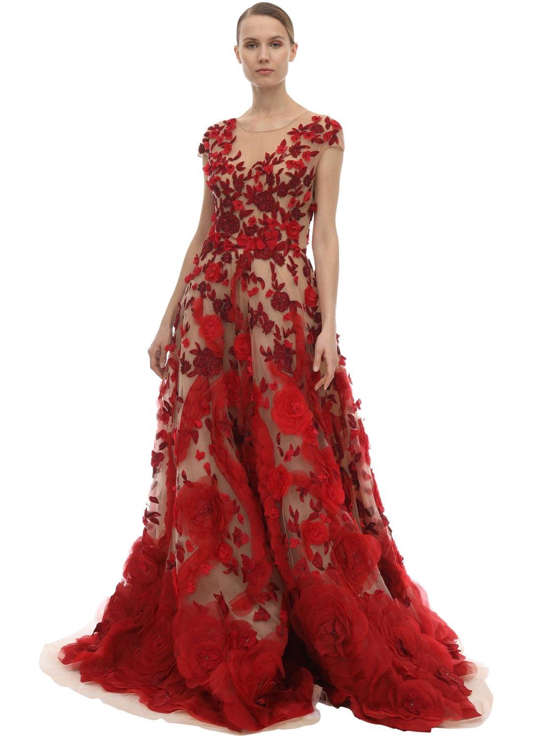 Marchesa Embellished Tulle & Silk Organza Dress in Red | Lyst Canada