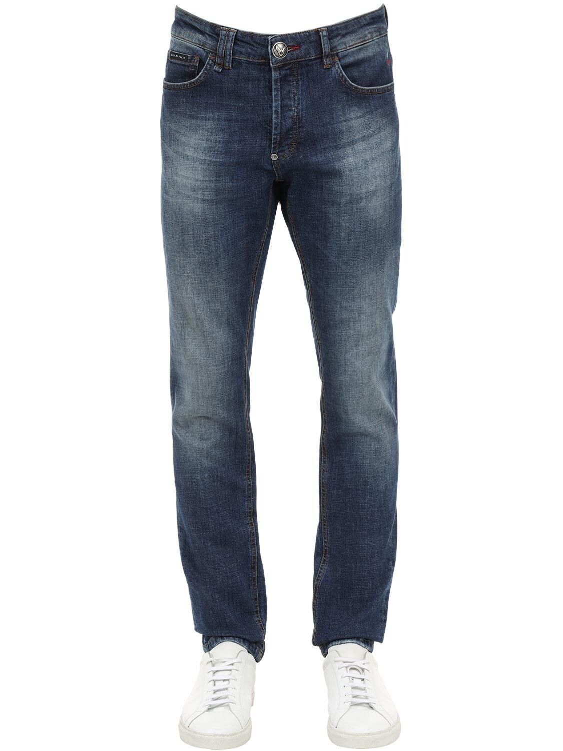Philipp Plein Straight Washed Cotton Denim Jeans in Blue for Men - Lyst