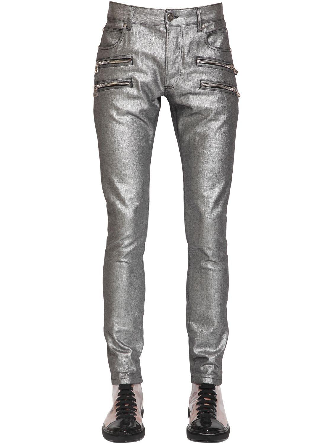 Balmain 15cm Laminated Slim Cotton Denim Jeans in Silver (Metallic) for