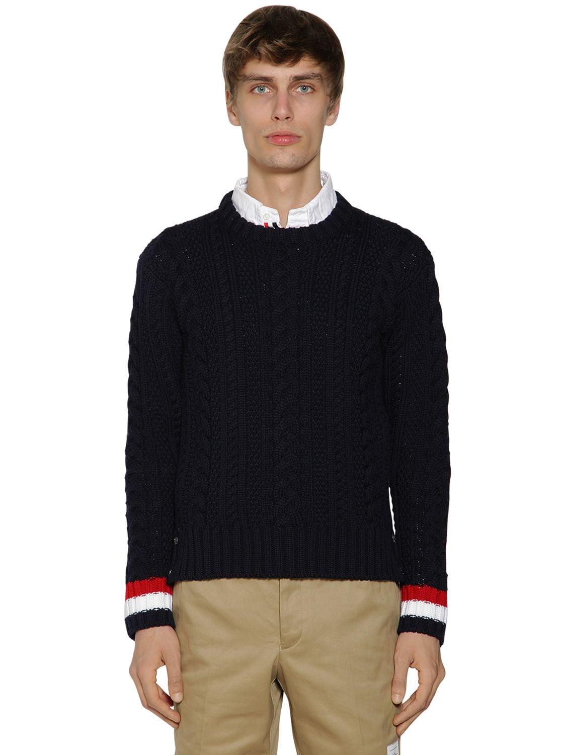 Thom Browne Aran Cable Knit Wool Crewneck Sweater in Navy (Blue) for ...