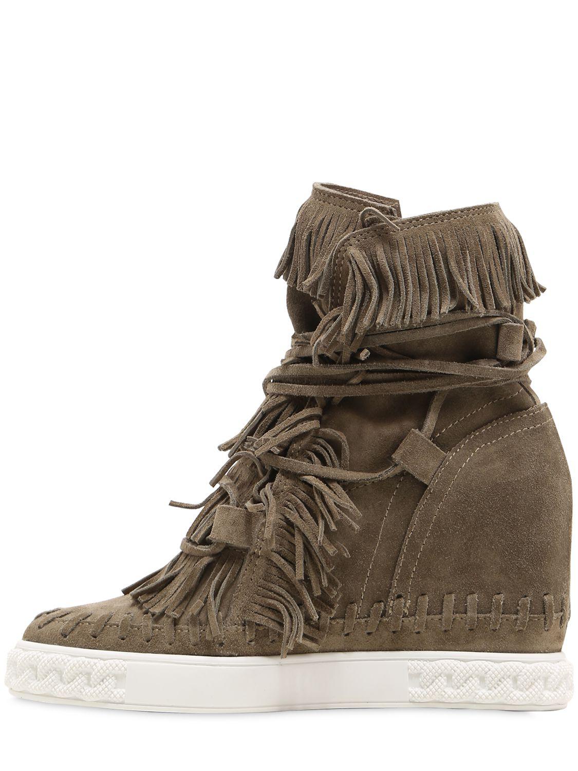 Casadei 80mm Fringed Suede Wedge Boots - Lyst