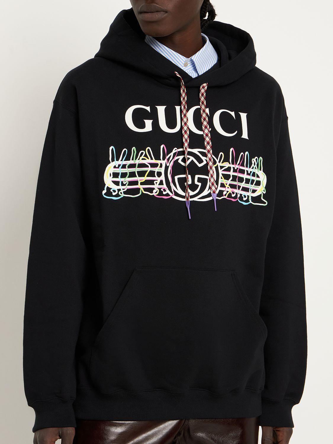 Gucci Rabbit Logo Printed Cotton Hoodie in Black for Men | Lyst