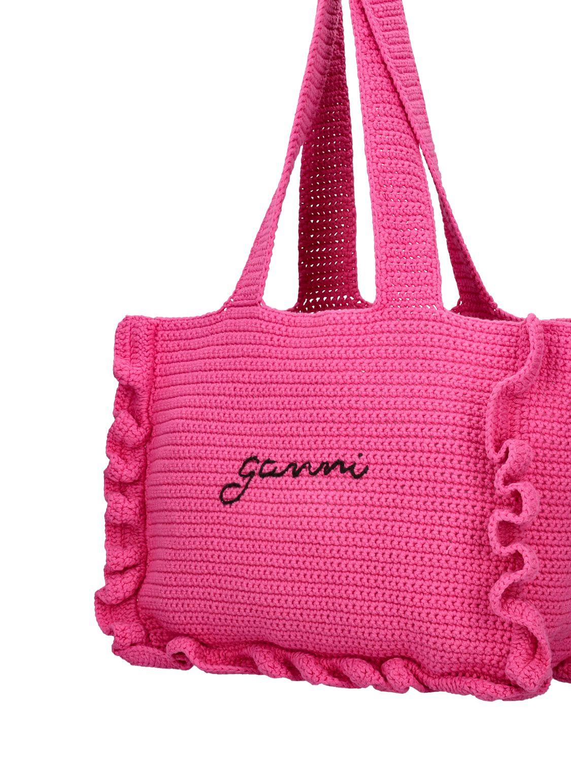 【Ganni】Cotton Crochet Frill Tote Bag Shocking Pink ganni-Shocking-Pink-Femme-Sac-