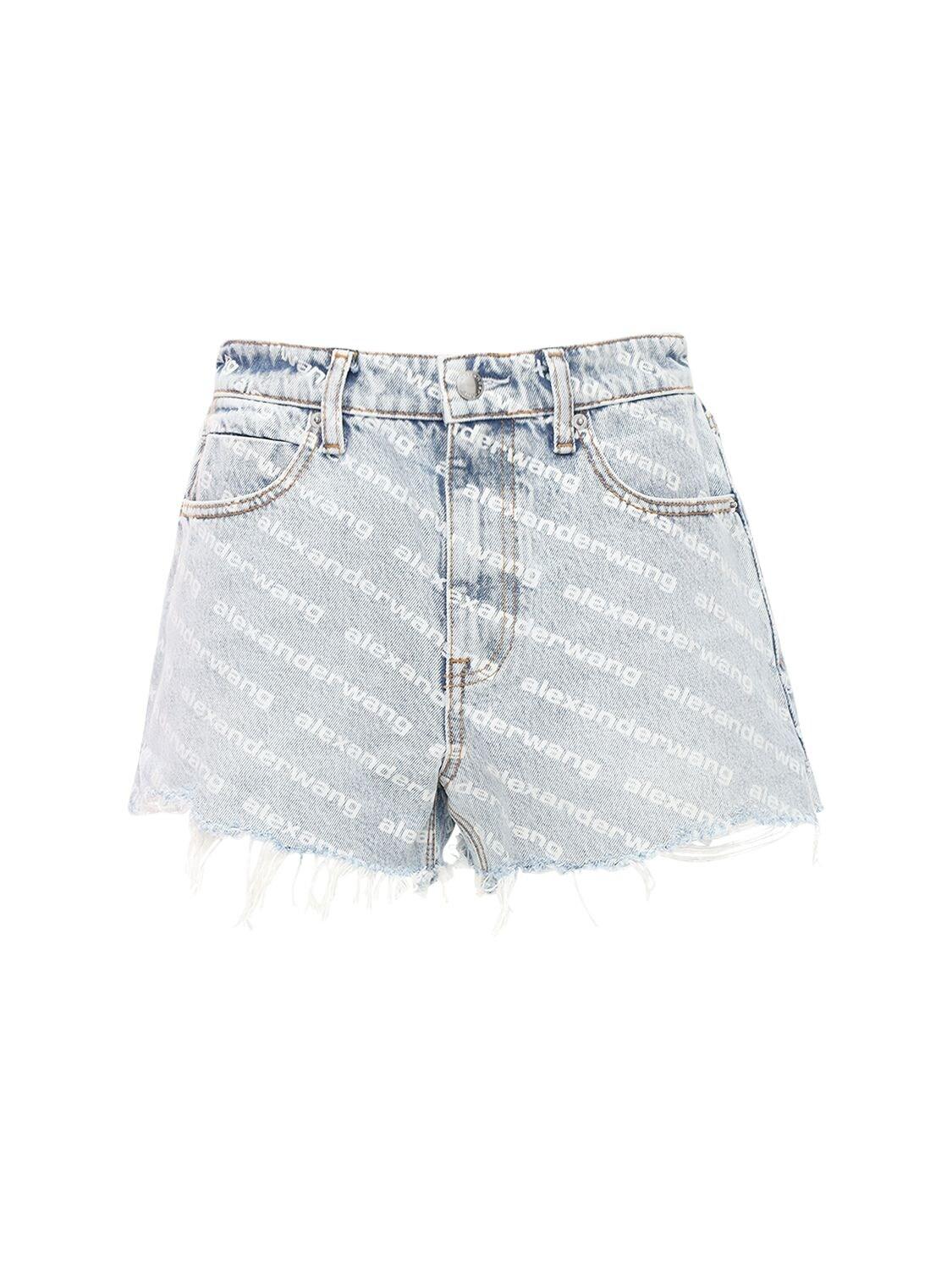 High Waist Flocked Logo Denim Shorts 