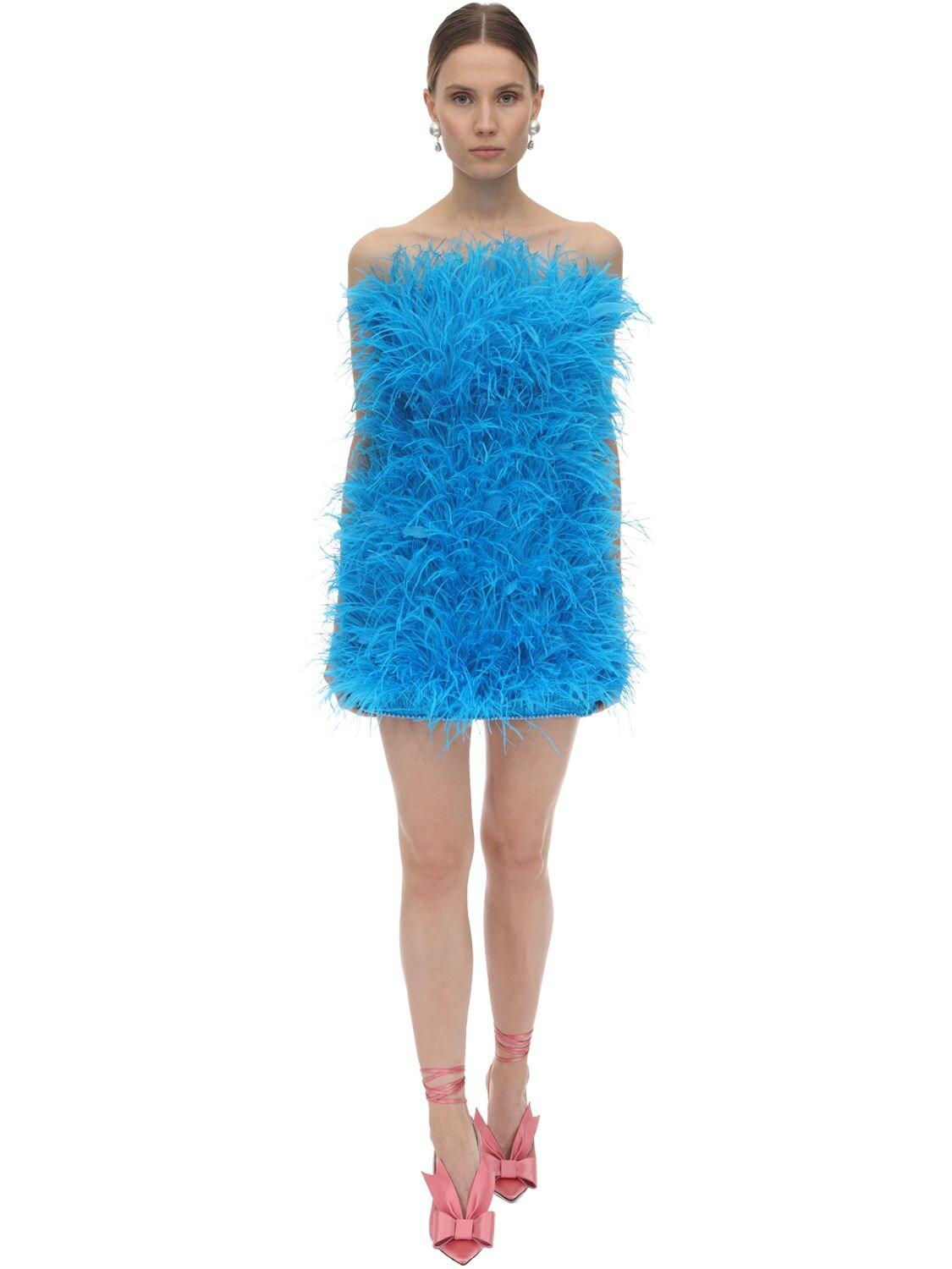 Farfetch Donna Abbigliamento Vestiti Vestiti eleganti Blu Abito mini con piume 