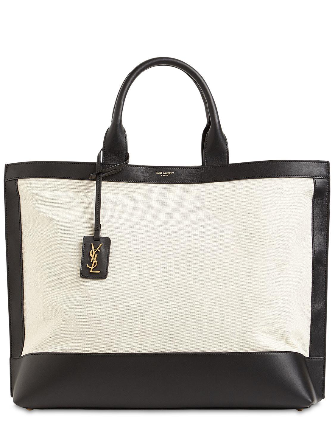 Saint Laurent Cabas Canvas & Leather Tote Bag in Natural/Black (Black ...