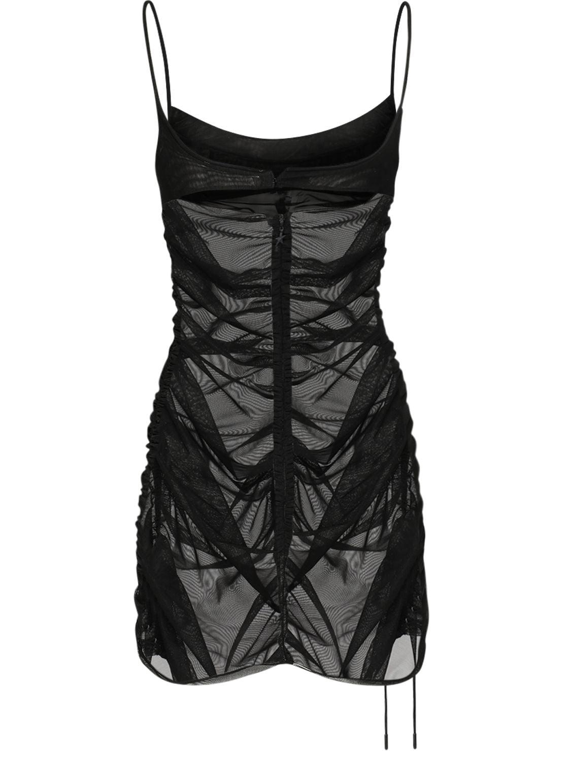 Mugler Ruched Tulle Sheer Mini Dress W/ Slit in Black - Lyst