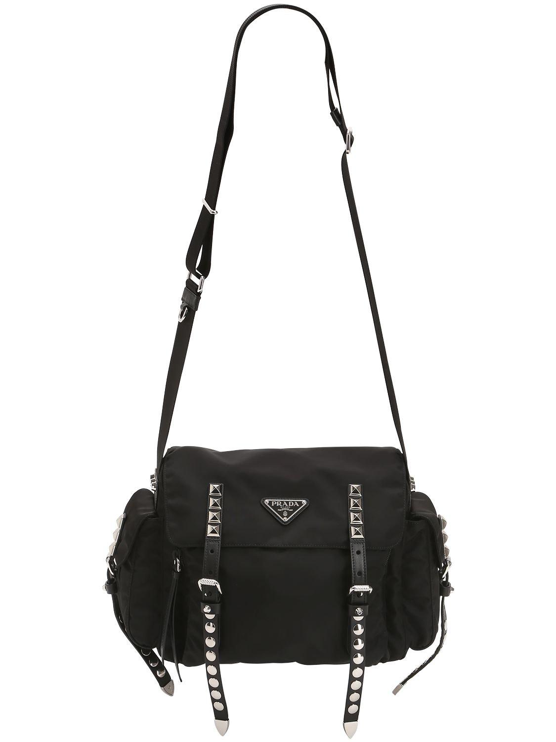 Prada Synthetic Nylon Shoulder Bag W/ Studded Straps in Black Lyst
