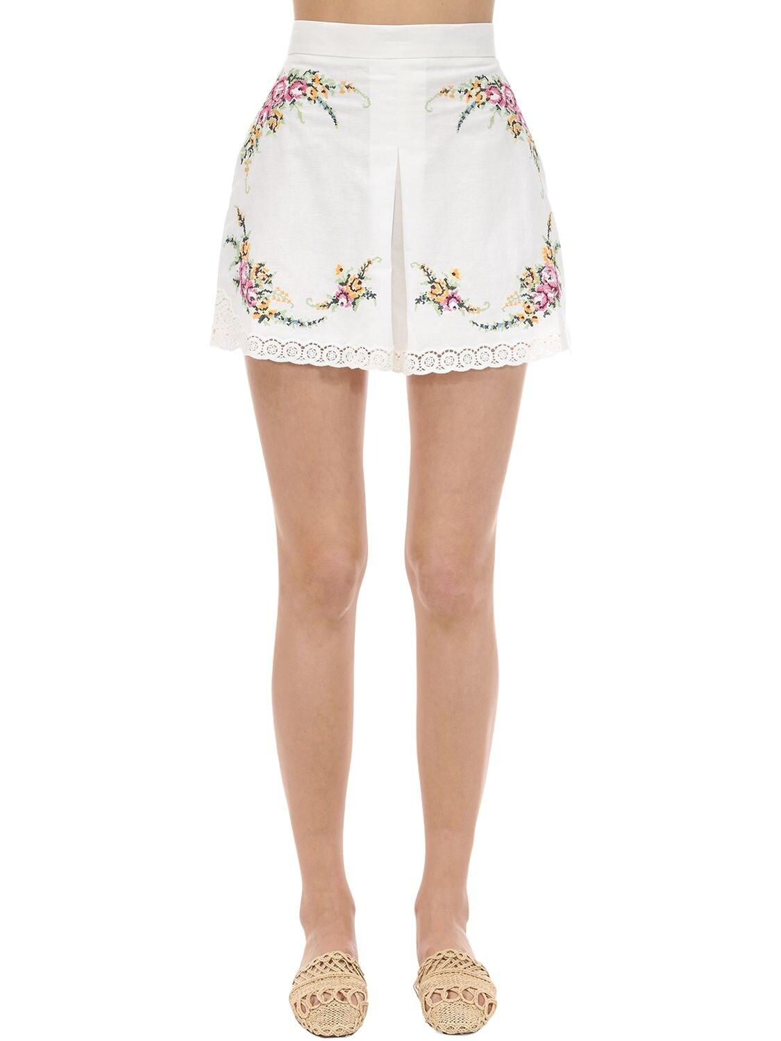 Zimmermann Print & Embroidery Linen Shorts in Ivory (White) Lyst