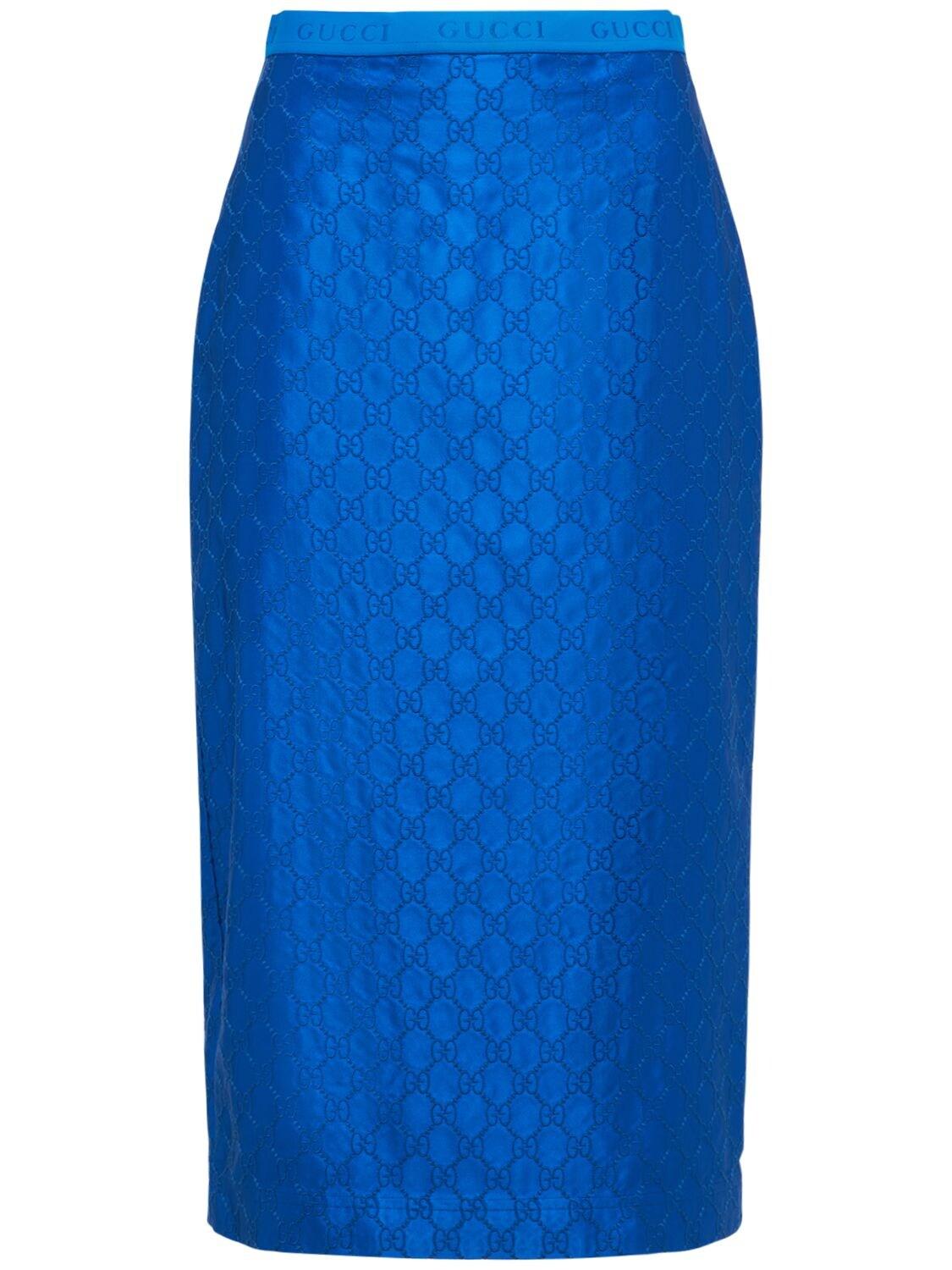 Gucci Embroidered Silk Logo Pencil Midi Skirt in Blue | Lyst UK