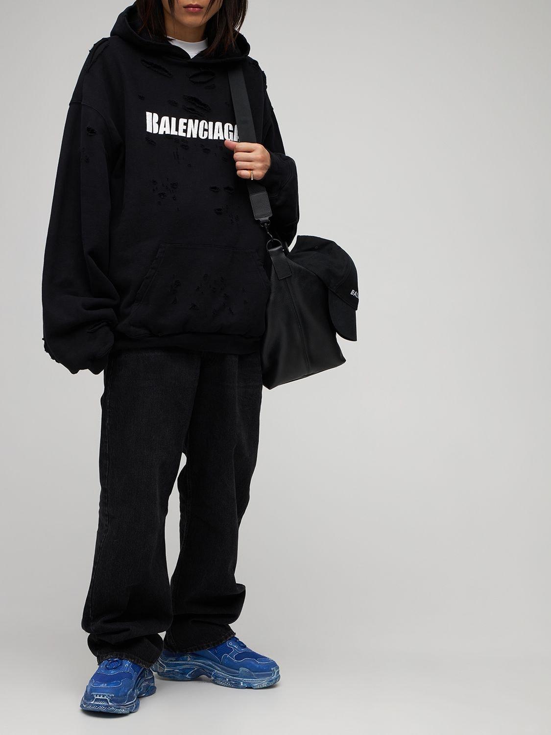Balenciaga Logo Destroyed Cotton Sweatshirt Hoodie in Black for Men | Lyst