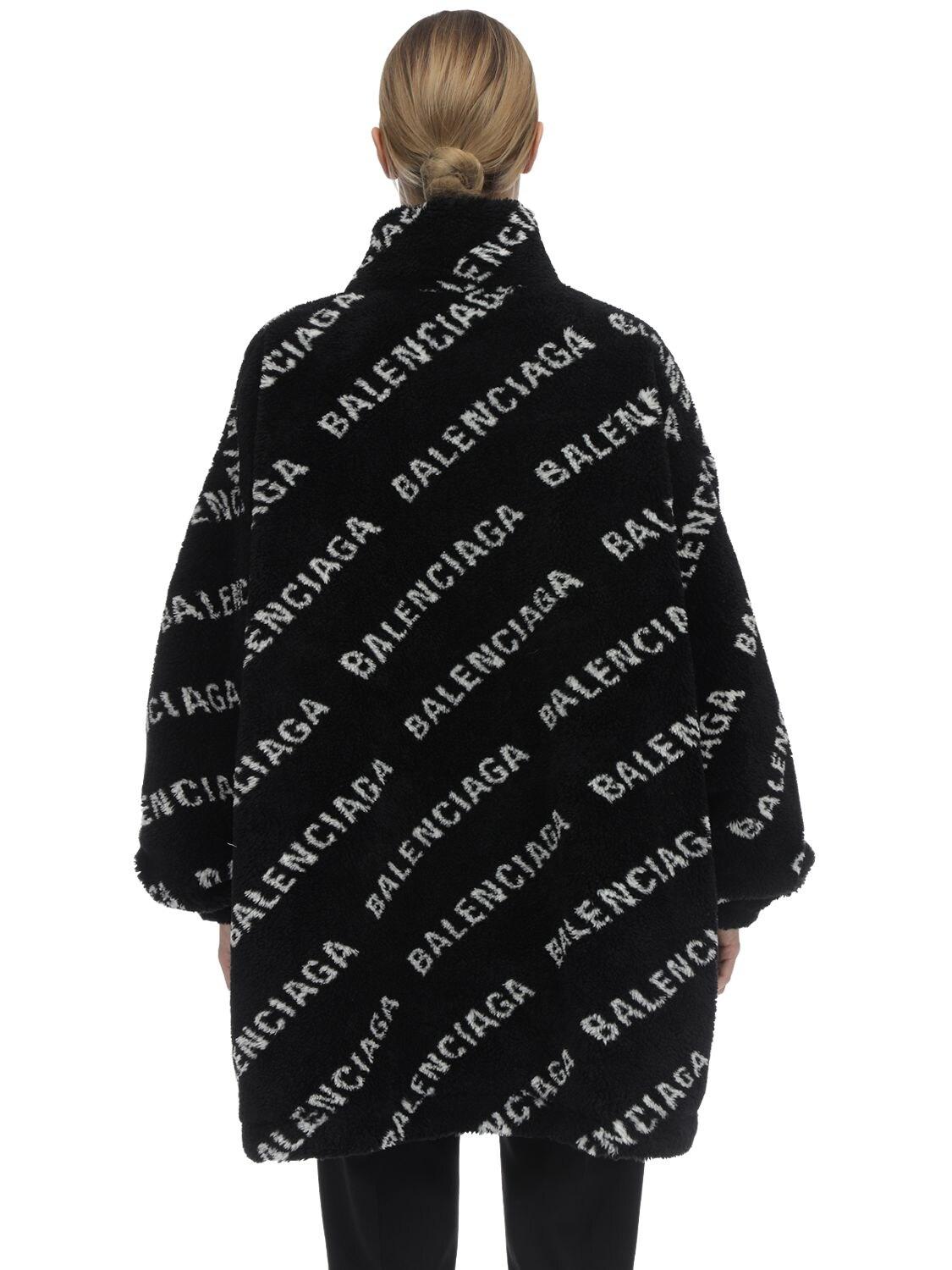 Balenciaga Logo Printed Zip-up Faux Fur Jacket in Black/White (Black ...