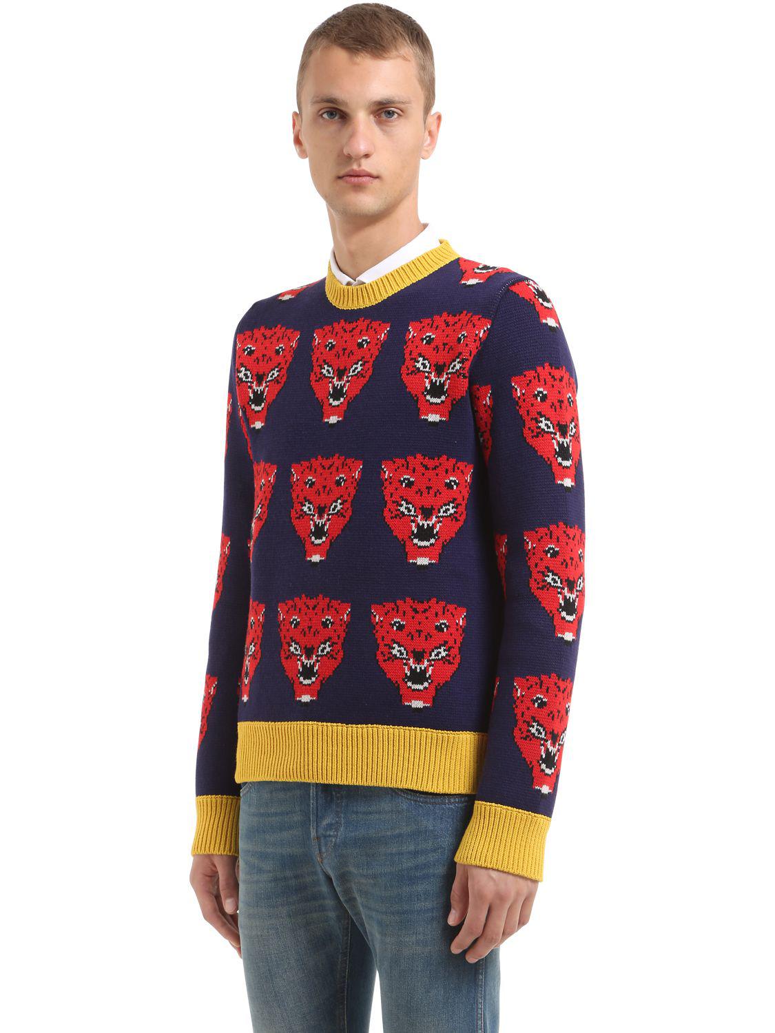 Gucci Tigers Wool Jacquard Knit Sweater in Blue / Red / Yellow (Blue ...