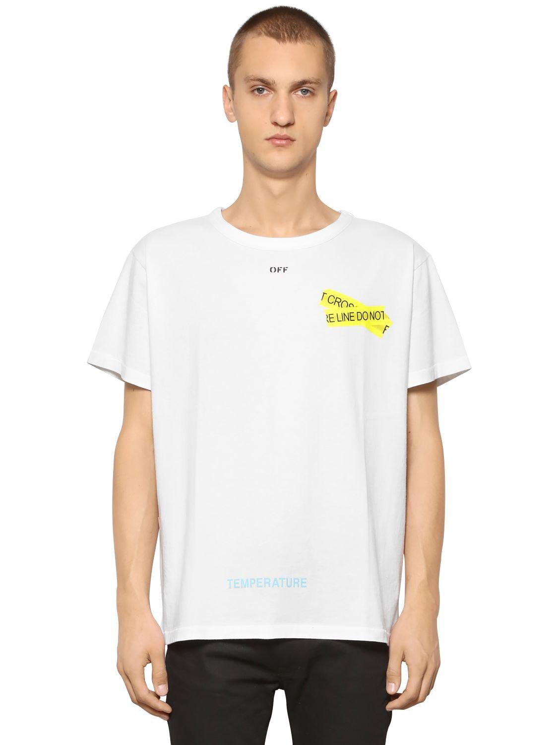 Off-White c/o Virgil Oversize Fire Line Tape Jersey T-shirt in White Men | Lyst