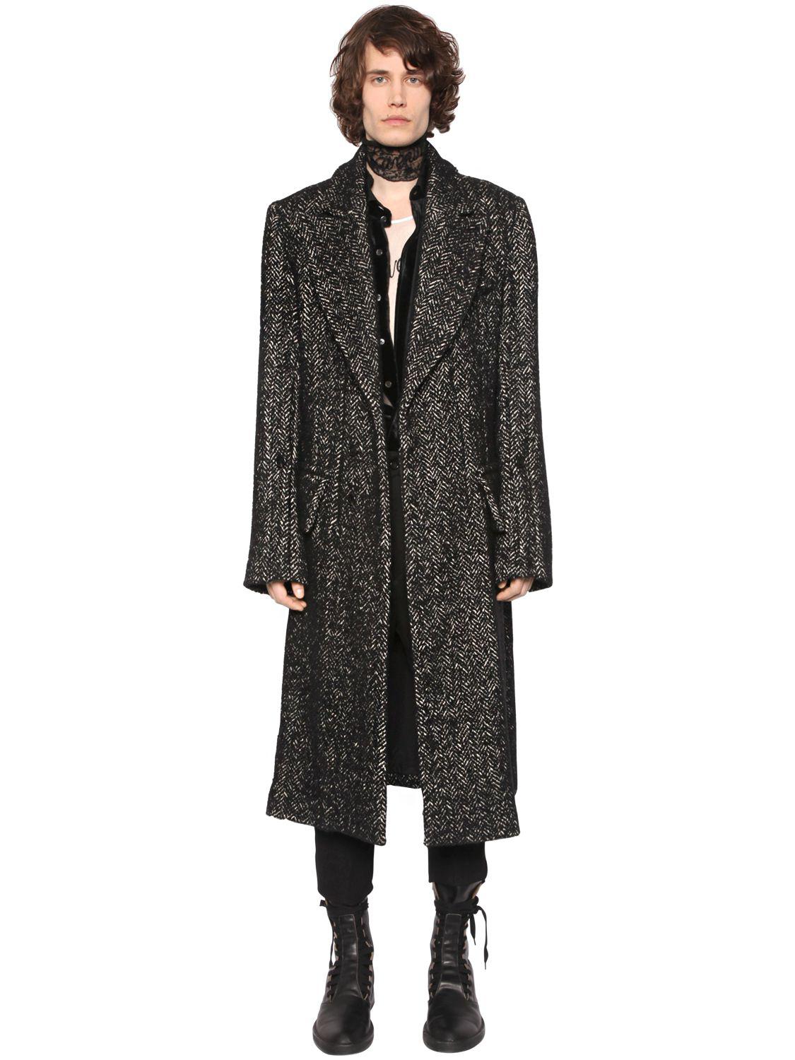 Ann Demeulemeester Oversized Long Wool Tweed Coat in Black for Men - Lyst