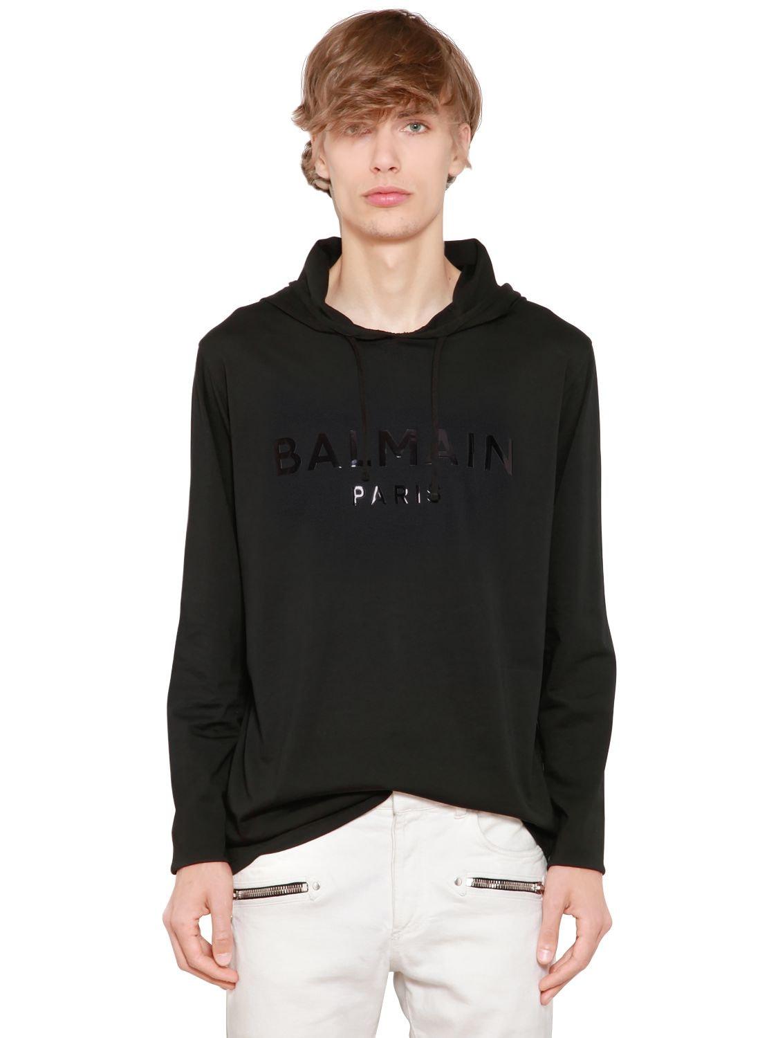 Balmain Hooded L/s Cotton Jersey T-shirt in Black for Men ...